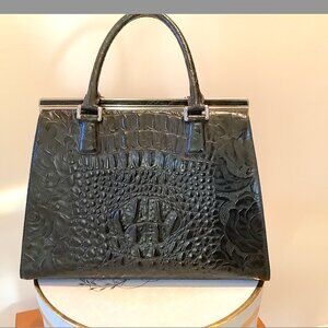 Ann Taylor Black embossed crocodile leather top handle, framed satchel bag